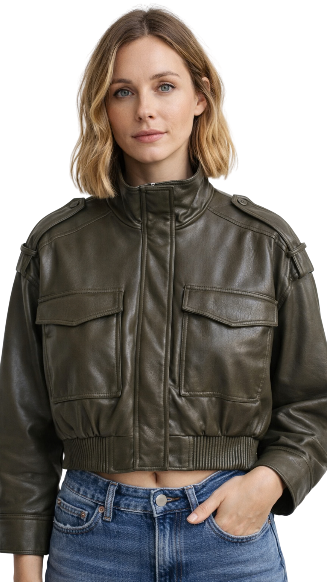 Kaya – Cropped PU-Leather Bomber